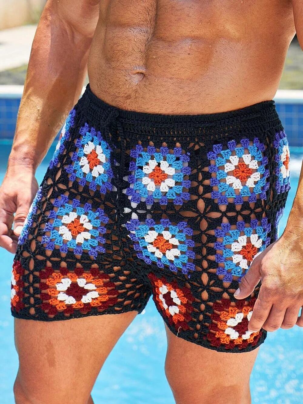 NEW Shein Manfinity RSRT Mens Floral Crochet Drawstring Waist Shorts Black Small